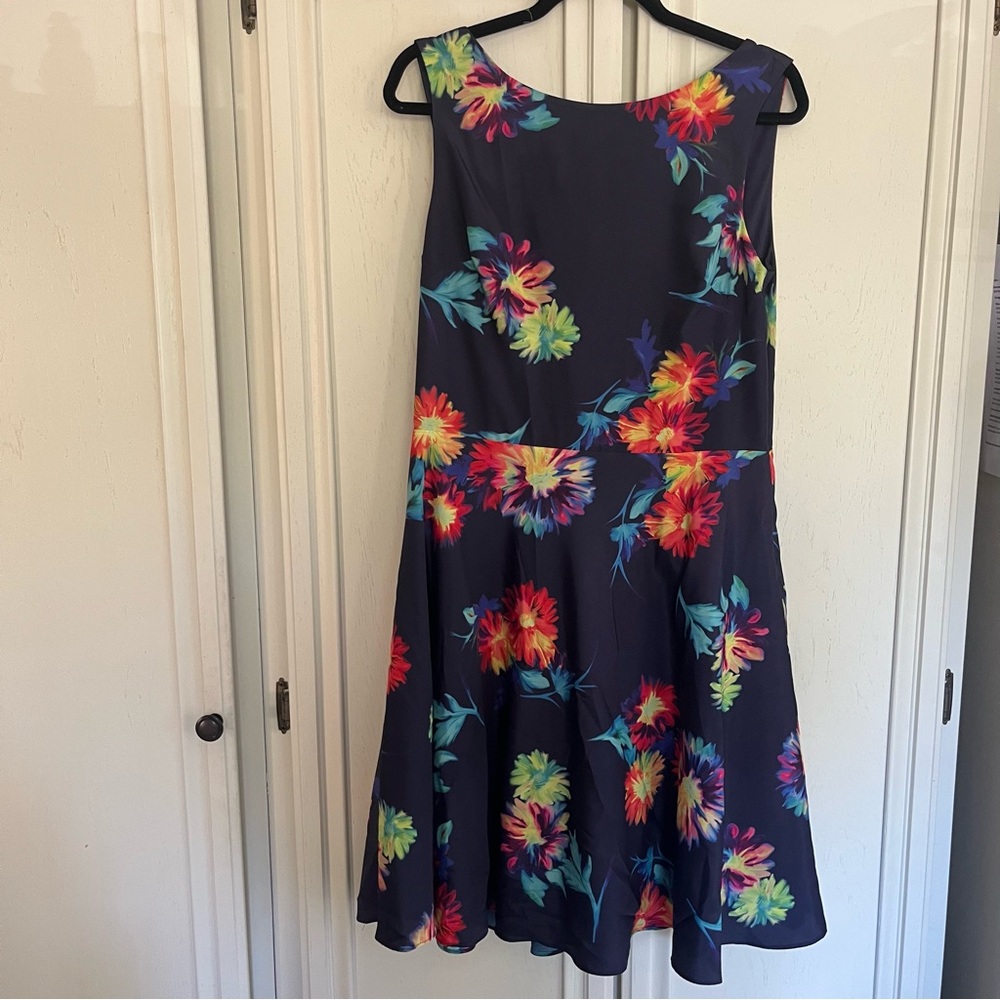 Betsey Johnson Navy Multicolor Sleeveless A-Line Dress with tulle lining.